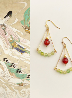 国风原创手作红玛瑙玉石耳环复古新中式设计感耳钩国潮汉服耳饰品
