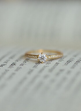 经典款六爪钻戒S925银镀14K金戒指锆石婚戒叠戴轻奢百搭礼物