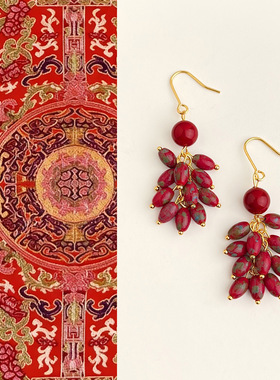 红樱~国风新中式酒红串珠流苏耳环复古新中式气质高级感新年耳饰