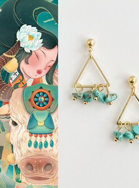 原创手作文艺复古绿松石耳环几何三角民族风耳钉高级感小众耳饰品