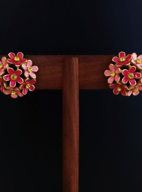 中古风vintage粉色玫红珐琅繁花花球耳钉复古新中式国风女式耳饰