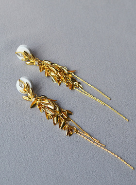风吹麦穗金色叶子流苏银针耳钉女轻奢高级感设计耳环精致晚宴耳饰