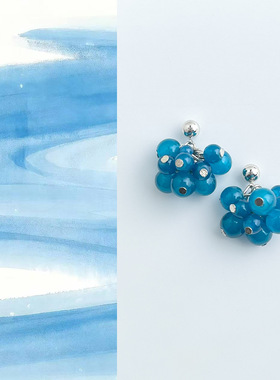 国风手作玻璃琉璃蓝色葡萄串珠耳环时尚轻奢通勤风气质高级感耳饰