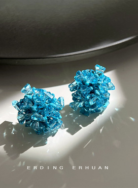 甜美清新蓝色绣球花手工设计师款玻璃水晶银针耳钉耳饰女