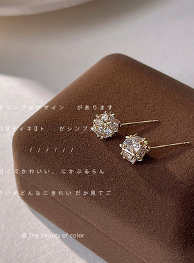 实物很闪！~925银针镀14K立体多面几何方形锆石耳钉简约耳饰耳环