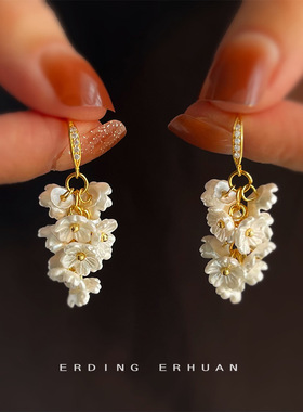 森系超仙甜美花朵流苏手作设计微镶锆石镀14K耳环女气质优雅耳饰