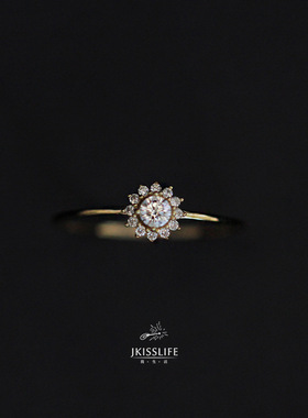 S925纯银镀14K金戒指满钻花朵极细小太阳百搭简约精致指环