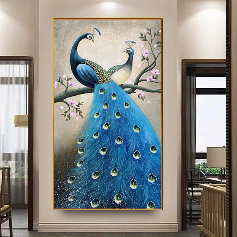 2020新款5D钻石画满钻客厅水晶点粘贴钻十字绣玄关竖版孔雀手工