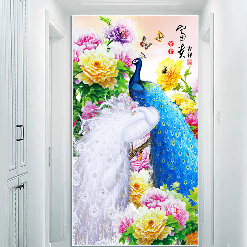 2020新款花开富贵钻石画满钻孔雀粘贴十字绣玄关竖版走廊客厅牡丹