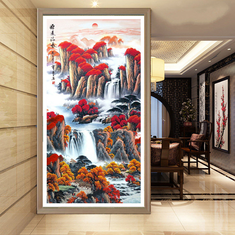 5D钻石画竖版玄关鸿运当头十字绣山水画贴钻客厅方钻满钻风景大幅