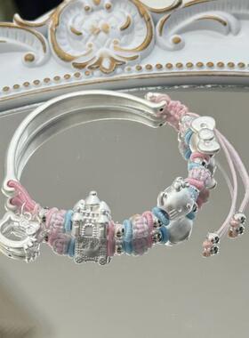 足银999儿童卡通Kitty猫半镯编绳手錬纯银玉桂手绳送女友生日礼物