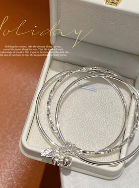 三生三世纯银传承手镯女9999足银实心手镯简约设计感三环铃铛叶子