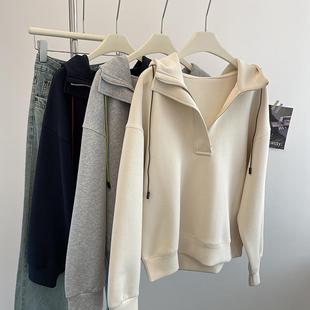 柠波家。韩系门襟半拉链连帽卫衣女秋宽松百搭休闲空气棉套头上衣