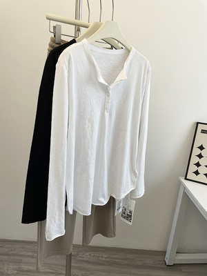 门襟排扣竹节棉长袖T恤女打底衫