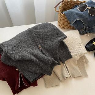 柠波家。韩版高领双拉链针织开衫女秋冬百搭纯色翻领厚实毛衣外套
