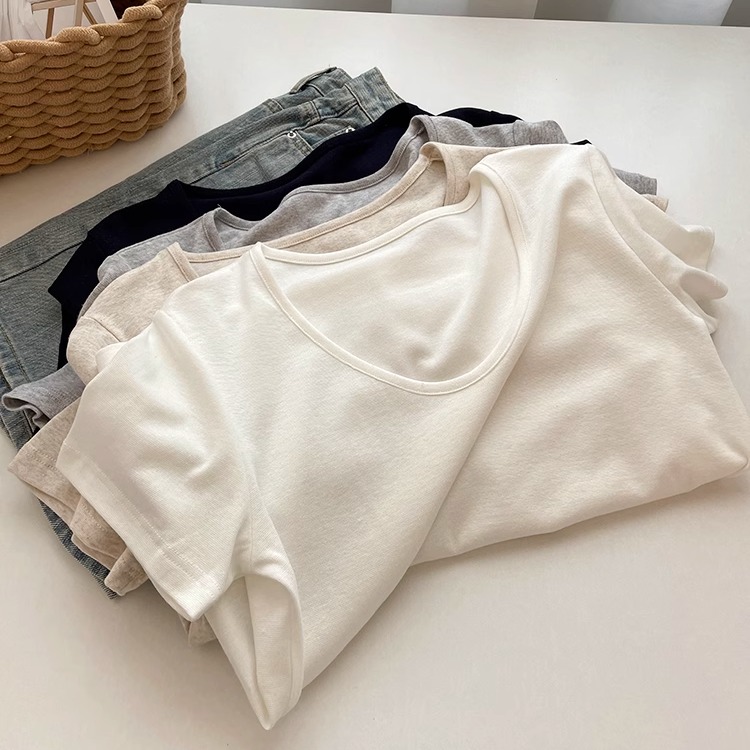 日系极简鹅蛋领亚麻针织短袖T恤