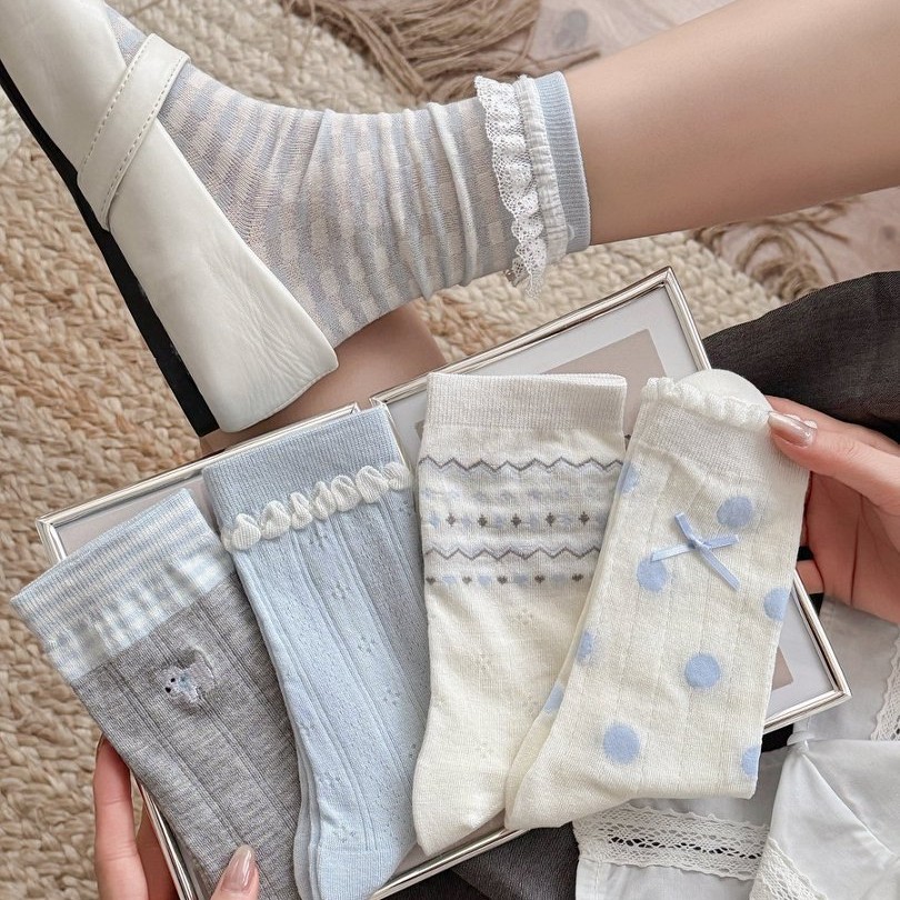 蓝色系木耳边袜子女春夏季花边无骨棉袜中筒袜秋季韩系芭蕾风堆堆