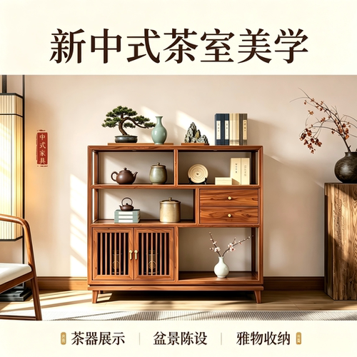 中式博古架茶室储物架置物架茶室茶具收纳架办公室展示柜餐边立柜