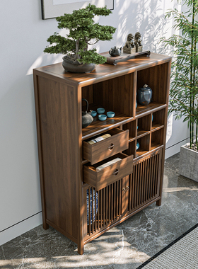 新中式老榆木家具小多宝阁禅意收纳柜胡桃木茶叶柜实木客厅餐边柜