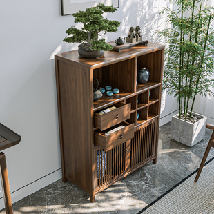 新中式老榆木家具小多宝阁禅意收纳柜胡桃木茶叶柜实木客厅餐边柜