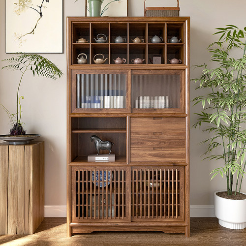 新中式老榆木博古架展示柜实木储物柜多功能置物架茶具摆放架茶柜