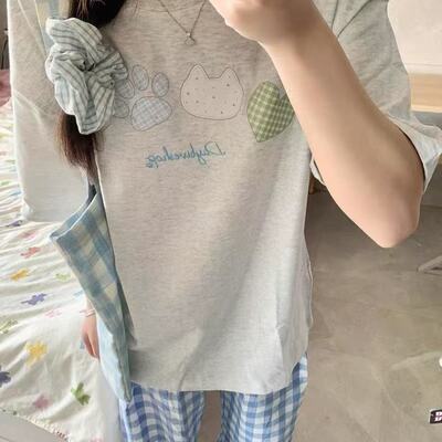 女童灰色韩版纯棉t恤短袖中大童