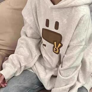 慵懒风白灰色中大童连帽卫衣2026女童纯棉帽衫韩系百搭外套上衣