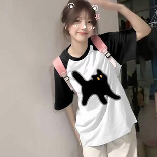 夏季短袖t恤女童初中高中学生休闲宽松潮流百搭ovresize半袖上衣
