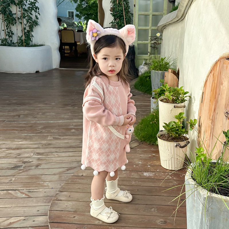 欧美ins童装儿童连衣裙甜妹玲娜贝儿菱格拼色公主裙女童裙子秋冬