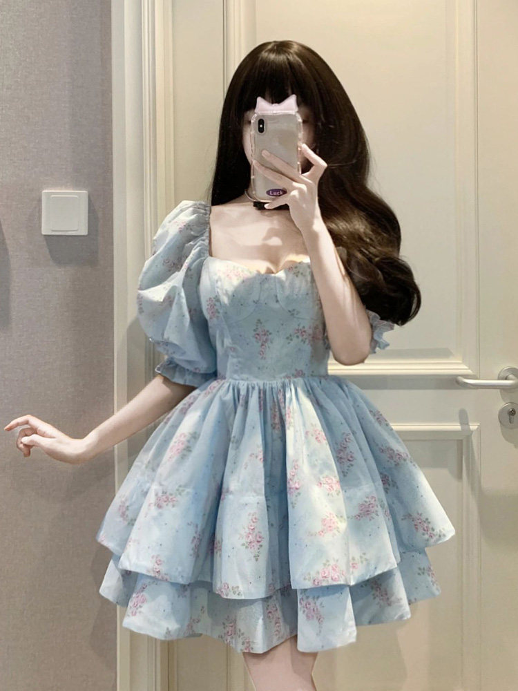 法式茶歇碎花泡泡袖连衣裙子女夏芭蕾风蓬蓬超仙迪士尼在逃公主裙