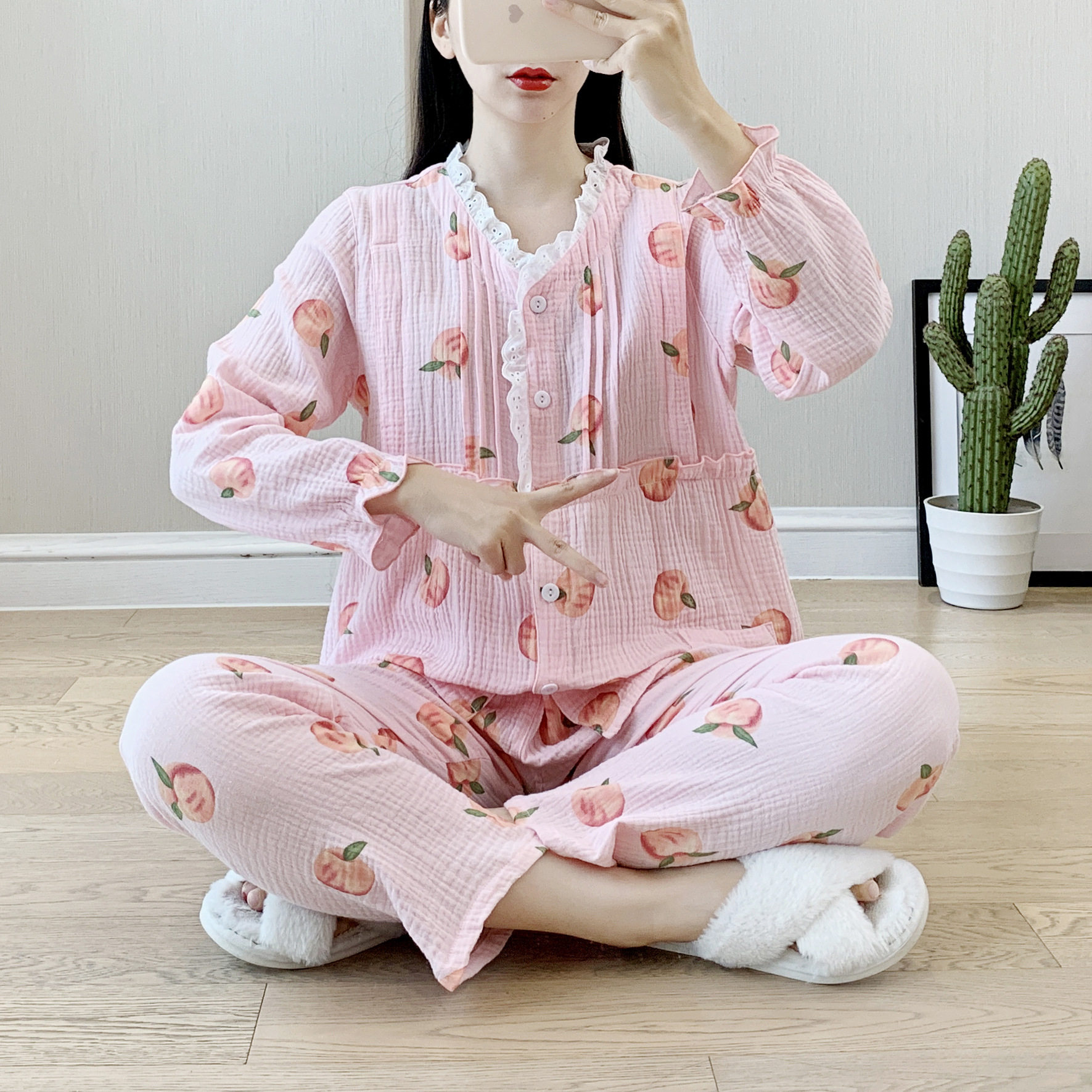 哺乳装棉质绉布家居服大码月子服水洗纱布起居服喂奶睡衣春夏新款