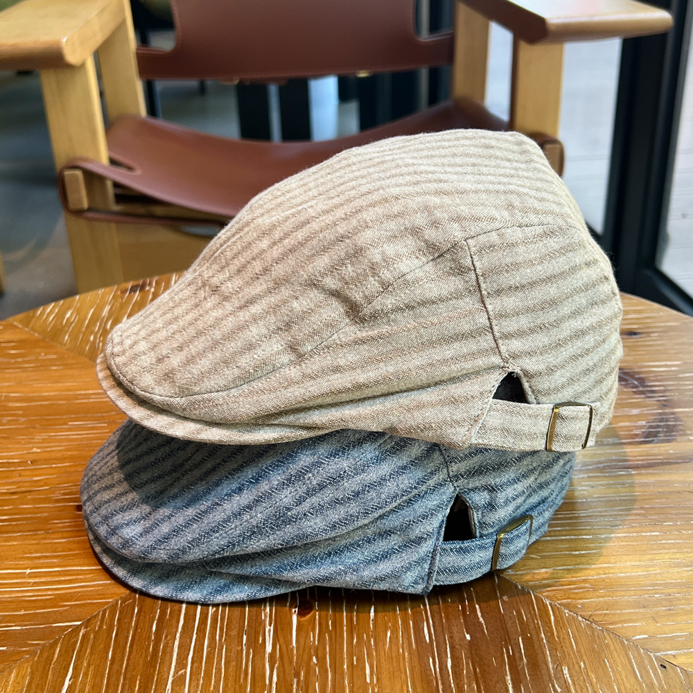 棉麻条纹前进帽四季款街头遮阳鸭舌帽情侣贝雷帽简约韩版画家帽男