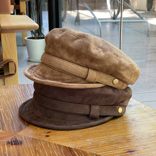 秋季 复古英伦风高级感平顶麂皮绒八角帽显脸小软帽檐画家帽女 新款