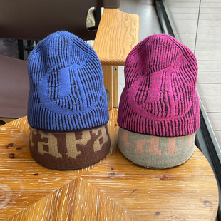 美式复古双面戴条纹字母提花针织套头帽子女秋冬保暖毛线冷帽男潮