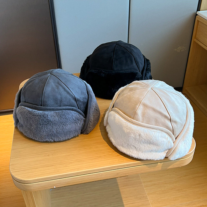 网红季麂皮绒兔毛护耳雷锋帽秋冬保暖加厚时尚百搭飞行员棒球帽男