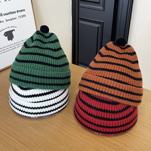 潮搭小版瓜皮帽款横条纹针织冷帽女秋冬街头时髦穿搭针织毛线帽男