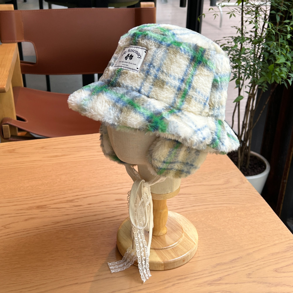 文艺范格子渔夫帽子女多巴胺色
