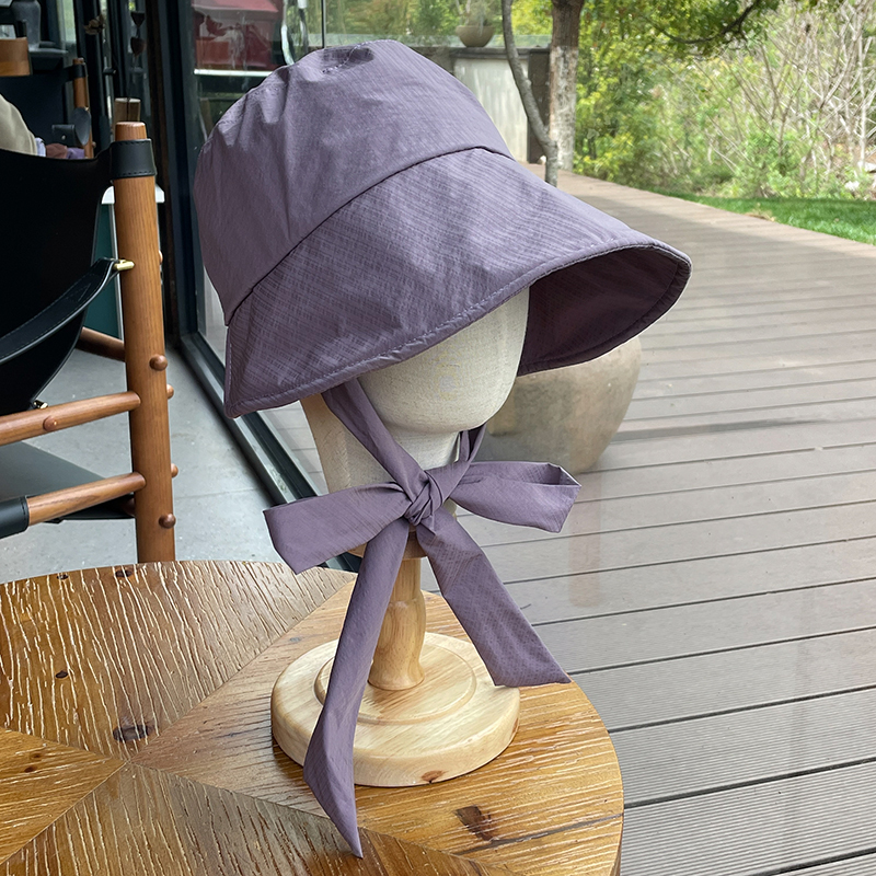 25轻薄速干透气紫色11cm大帽檐水桶渔夫帽女防紫外线蝴蝶结盆帽女