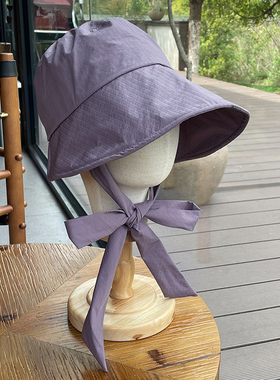 25轻薄速干透气紫色11cm大帽檐水桶渔夫帽女防紫外线蝴蝶结盆帽女