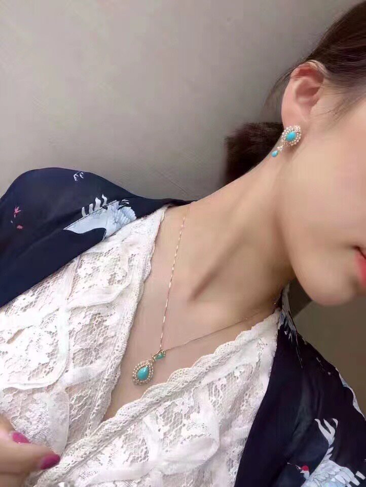 日本回流中古珠宝10K金睡美人蓝松石小米珍珠水滴吊坠 维多利亚风