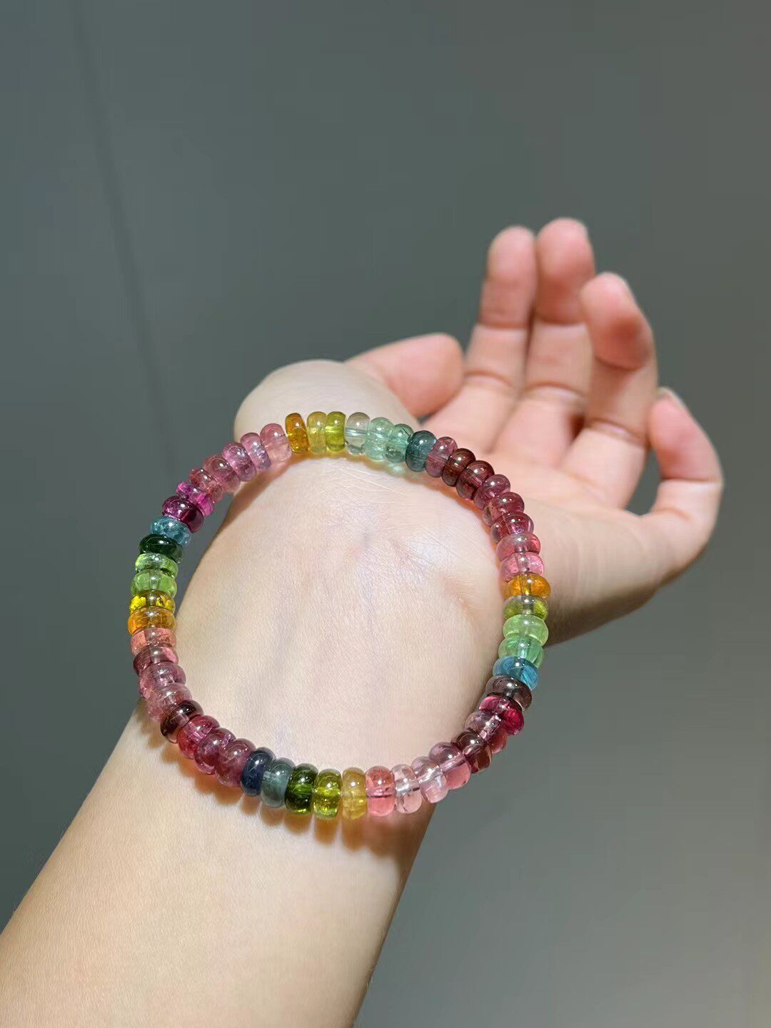 6mm天然老矿彩虹碧玺盘珠手串 夏日多巴胺彩色手 碧玺手链女