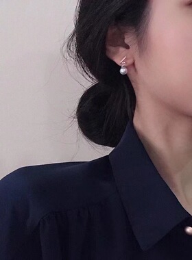 日本银蓝色海水珍珠7.5-8mm 925银皮带耳环耳钉