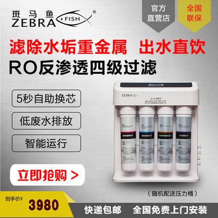 斑马鱼净水器家用厨房净水机RO反渗透纯水机卡接式直饮机除水垢