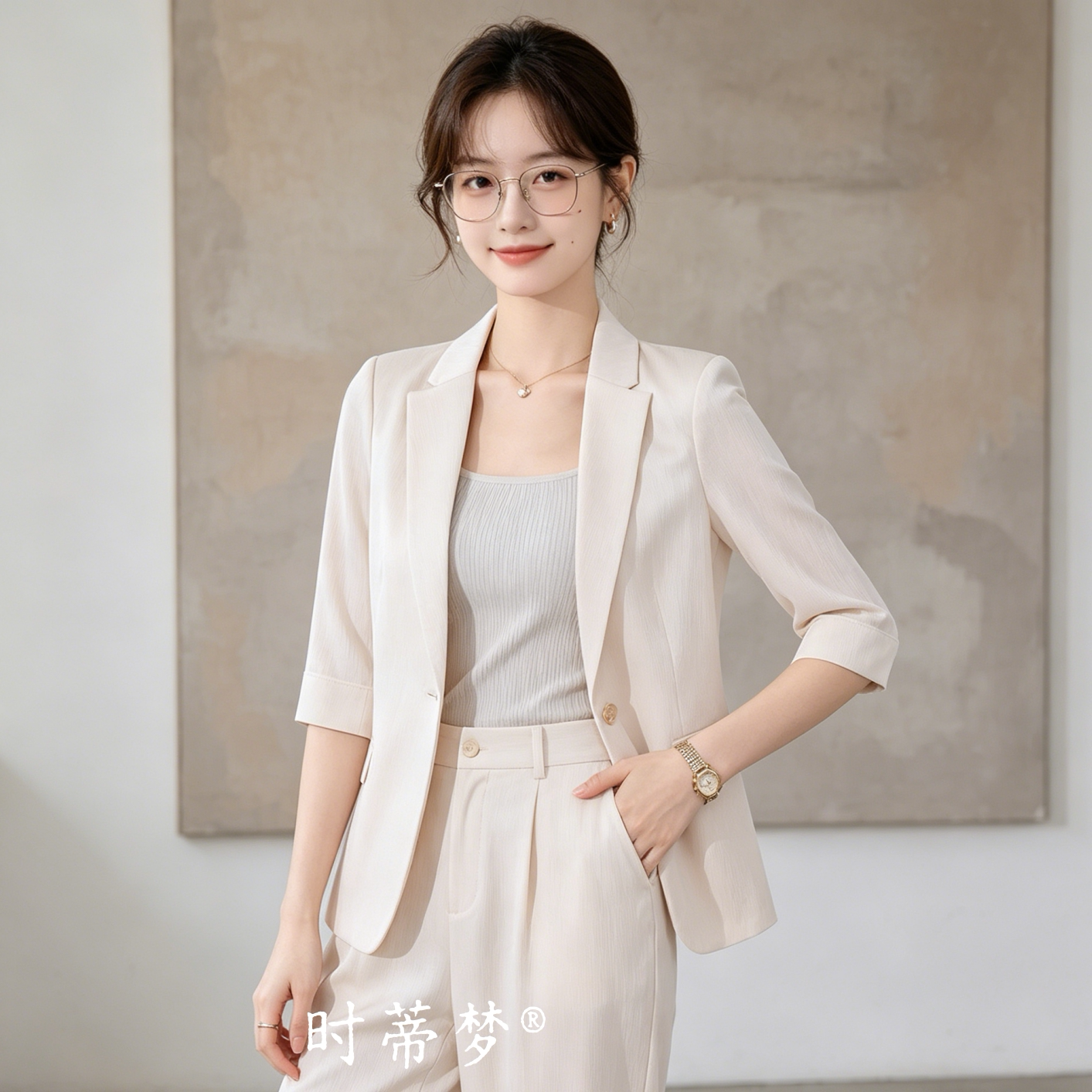 香槟色仿醋酸缎面西装套装女夏季薄款小个子职业中袖短款西服外套