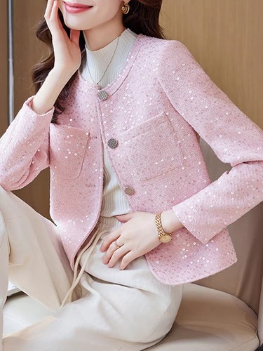 小香风粉色长袖女短外套春秋季新款2025休闲气质百搭开衫秋装上衣