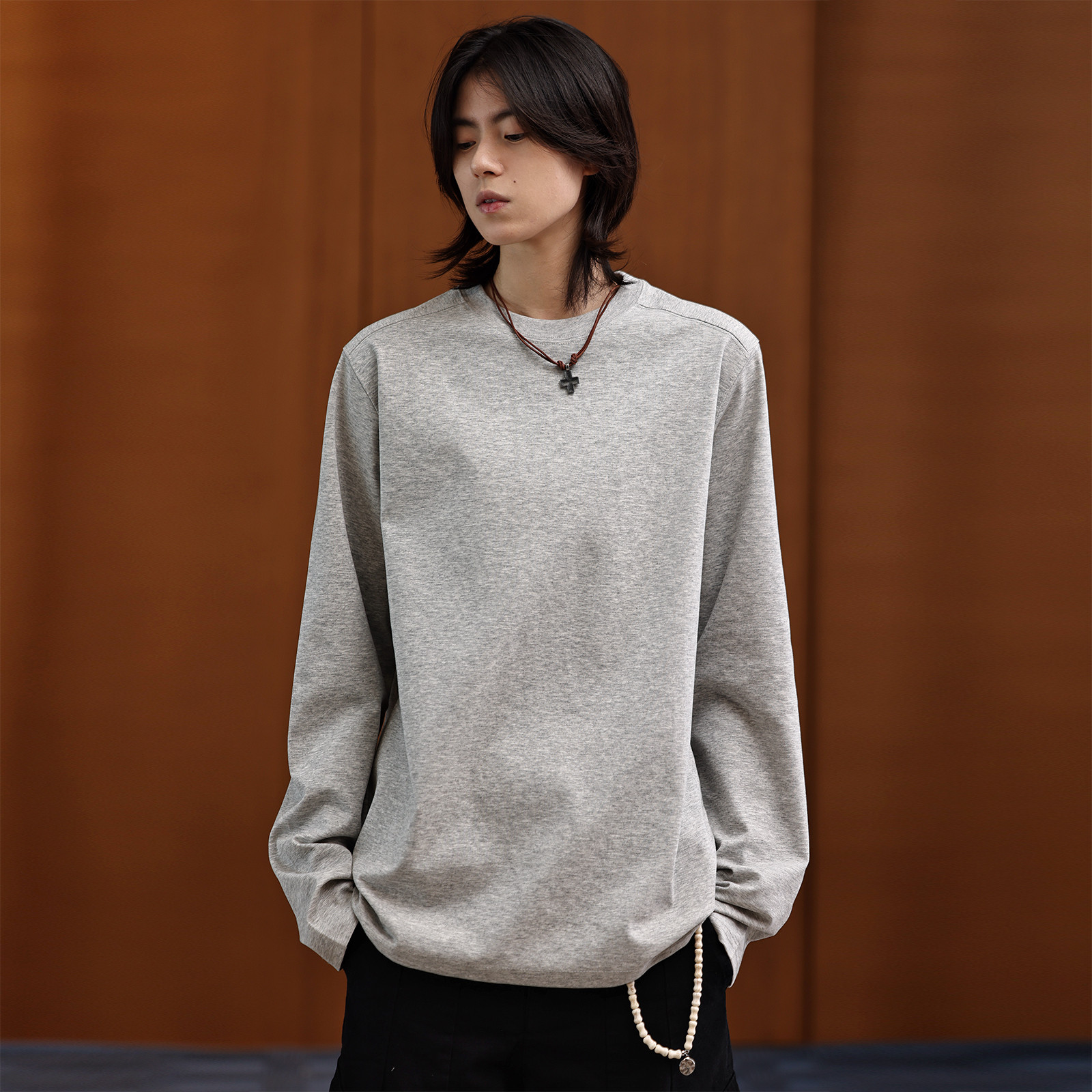 美式复古圆领长袖T恤宽松休闲