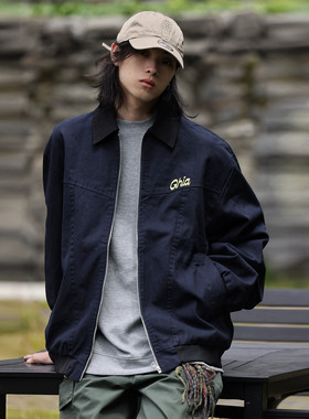 Nobodyknows美式复古拼接翻领印花工装夹克宽松休闲宽松百搭外套