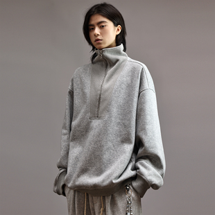 Nobodyknows复古休闲拼接拉链加绒立领卫衣男女宽松长袖灰色上衣