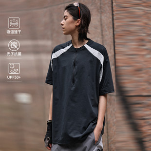 Nobodyknows夏季 拼色透氣短袖 休閑運(yùn)動(dòng)半拉鏈領(lǐng)口涼感速干t恤男款