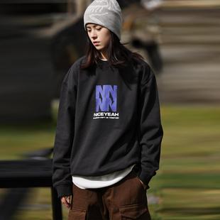 Nobodyknows日系簡(jiǎn)約潮字母印花圓領(lǐng)套頭衛(wèi)衣hiphop情侶寬松上衣